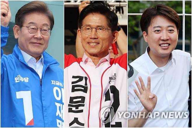 유세하는 이재명, 김문수, 이준석 후보 (의정부·하남·광주=연합뉴스) 20일 의정부 로데오거리서 유세하는 이재명 후보(왼쪽부터), 하남서 유세하는 김문수 후보, 19일 전남대 유세서 지지자들과 사진 찍는 이준석 후보