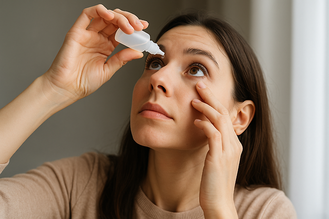 오른손으로 안약을 눈에 넣고 있는 모습