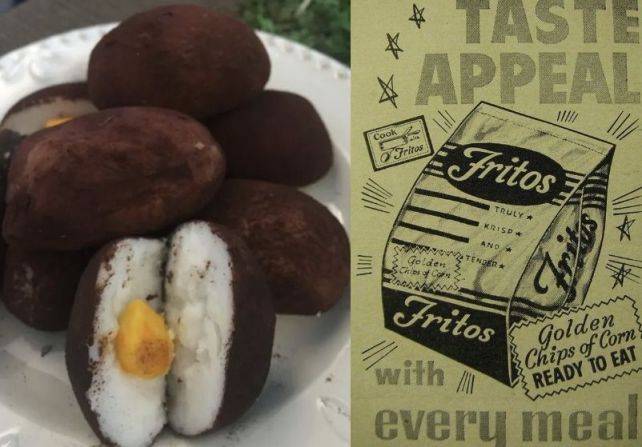 감자 사탕(왼쪽)과 미국의 옥수수칩 과자 '프리토스'의 1933년 광고. The old hen 아카이브, 페이스북 캡처