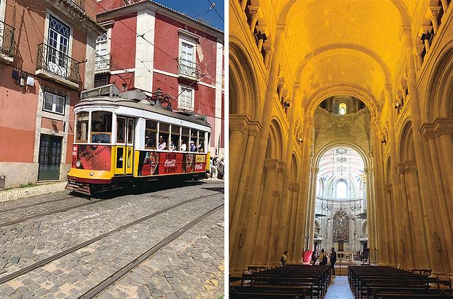 (좌) 리스본을 상징하는 28번 트램이 알파마 지구를 관통한다. (우) 알파마 지구의  랜드마크인 리스본 대성당 내부 모습