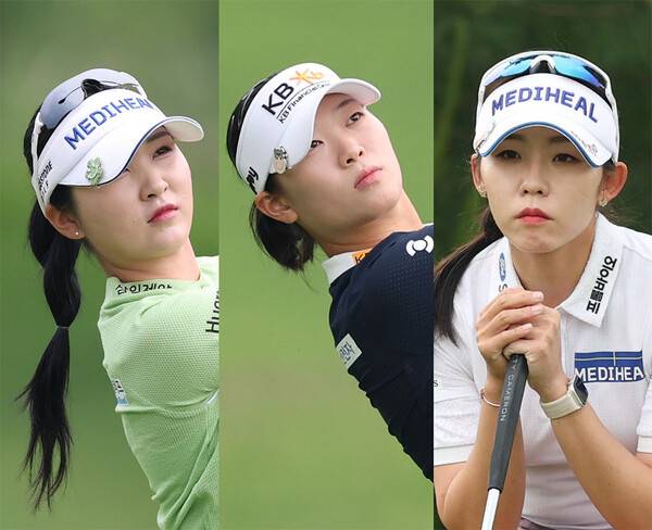 2025년 한국여자프로골프(KLPGA) 투어 제13회 E1채리티 오픈 대회에 출전한 이예원, 방신실, 배소현 프로가 1라운드에서 경기하는 모습이다. 사진제공=KLPGA