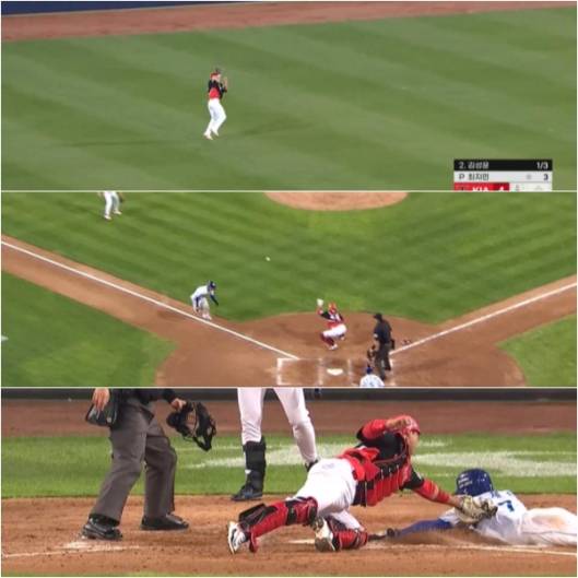 24일 대구 삼성전 7회 말 위기에서 나온 KIA 오선우의 홈 보살 장면. KBS N 스포츠, 티빙 캡처