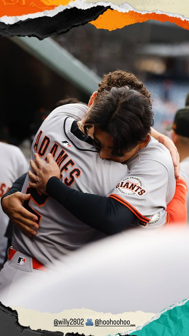 24일 워싱턴과의 원정 경기 중 포옹하고 있는 샌프란시스코 이정후와 아다메스. 사진=샌프란시스코 SNS