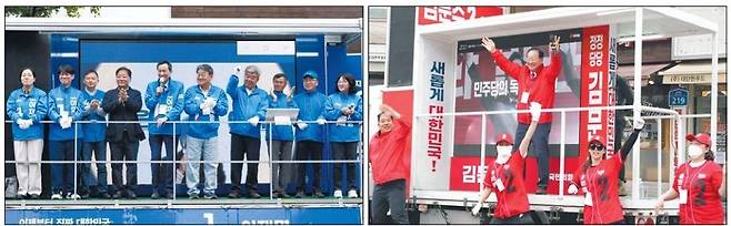 더불어민주당 강원선대위 강풍유세단의 우상호·최윤 공동상임선대위원장과 유정배·한금석 공동선대위원장 등은 15일 철원군 동송전통시장에서 유세를 펼쳤다.(왼쪽사진) 국민의힘 강원도필승선거대책위원회 총괄선대위원장인 한기호 국회의원도 이날 철원 동송시장에서 지지를 호소했다. 이재용 기자