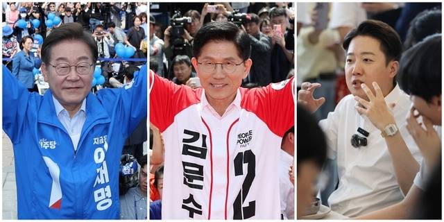 ▲ 20일 더불어민주당 이재명(사진 왼쪽부터) 대선 후보가 경기 고양 일산문화광장에서 열린 집중유세에서, 국민의힘 김문수 대선 후보가 서울 서초구 고속터미널역 인근 집중유세에서, 개혁신당 이준석 대선 후보가 광주 북구 전남대학교에서 진행된 ‘학식먹자 이준석’ 행사에서 지지를 호소하고 있다. 연합뉴스