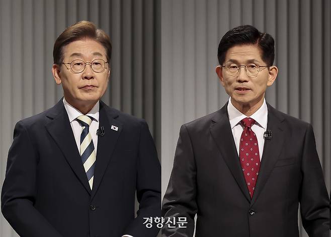 제21대 대통령 선거에 나선 이재명 더불어민주당 후보와 김문수 국민의힘 후보가 23일 서울 여의도 KBS 스튜디오에서 사회 분야를 주제로 2차 TV토론을 하고 있다. 국회사진기자단