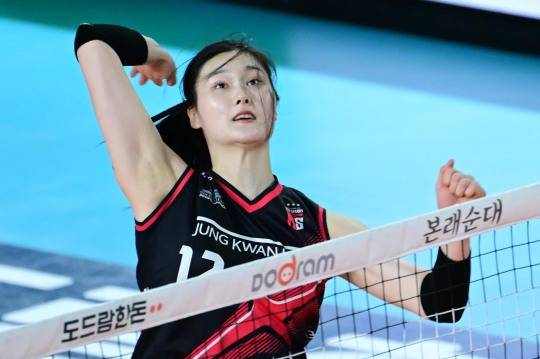 스파이크하는 정관장의 이예담. 사진[연합뉴스]