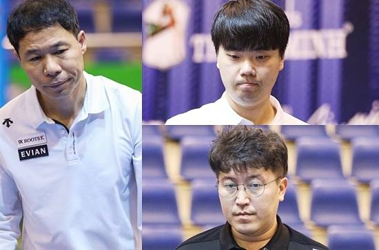 24일 베트남 호치민 응우옌두스타디움에서 열린 ‘2025 호치민3쿠션월드컵’ 16강전에서 (왼쪽부터 시계방향으로) 허정한 김행직 황봉주가 나란히 애버리지 2.723를 기록하며 승리, 8강에 진출했다. 허정한은 히메네즈, 김행직은 트란퀴옛치엔, 황봉주는 시돔과 8강전을 치른다. (사진=SOOP)