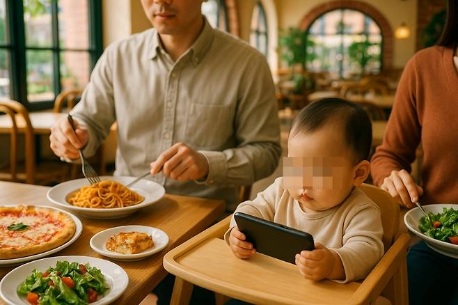아이를 낳기 전 눈쌀을 찌푸리게 했던 음식점 안 풍경. 낳아보니 알겠다. 가게 안의 평화를 지키기 위한 부모들의 불가피한 선택이었다는 것을. /사진=DALL·E 생성 이미지