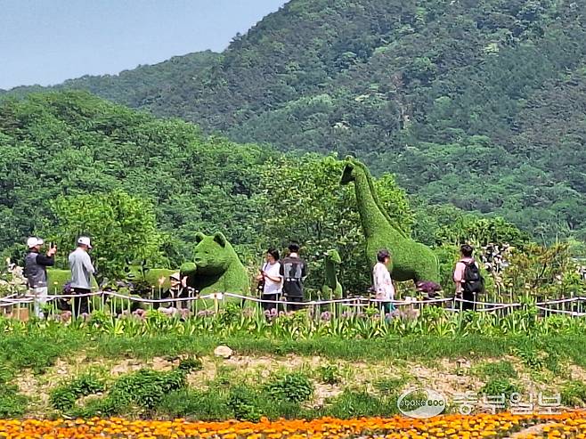 지난 23일 한탄강 봄 가든페스타에 동물 모양의 대형 토피어리가 입장객들의 포토존으로 각광 받고 있다. 김두현기자