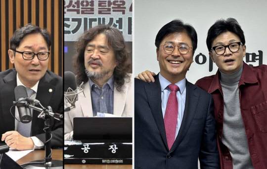 지난 4월 '겸손은 힘들다 김어준의 뉴스공장' 유튜브에 출연한 판사 출신 박범계 더불어민주당 의원과 진행자 김어준씨(왼쪽), 2024년 4·10 총선 기간 당시 국민의힘 김종혁 경기 고양병 국회의원 후보와 한동훈 비상대책위원장이 일산 유세를 앞두고 함께 사진 촬영한 모습(오른쪽).<박범계 국회의원·김종혁 국민의힘 전 최고위원 페이스북 사진 갈무리>