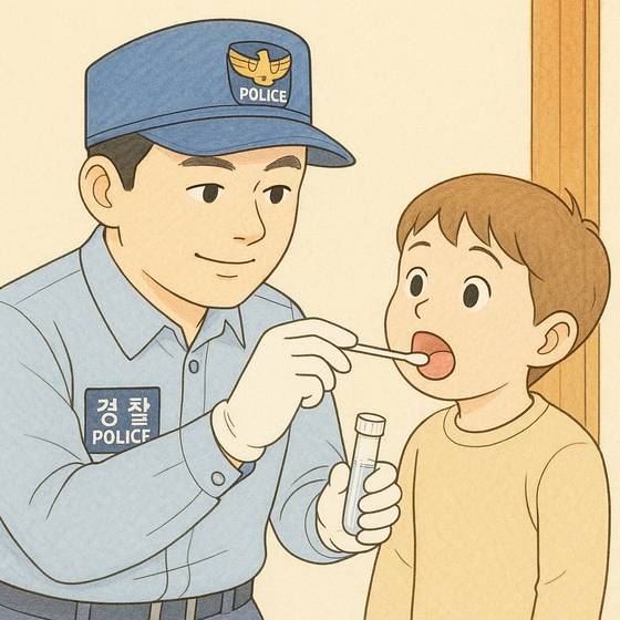 경찰관이 어린아이의 구강표피로 유전자 시료를 채취하는 모습. 사진 챗GPT 이미지 생성
