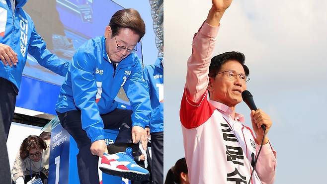 Democratic Party presidential candidate Lee Jae-myung (left) puts on symbolic blue-and-red Reebok sneakers at his campaign launch at Cheonggye Plaza in Seoul on May 12, while People Power Party candidate Kim Moon-soo (right) wears a white jersey with red trim during a rally near Starfield Hanam in Gyeonggi Province on Tuesday. (Yonhap)