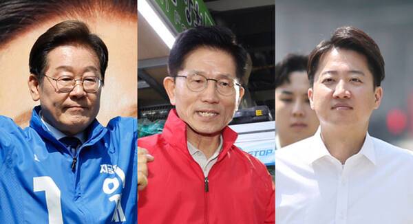 제21대 대통령선거 후보자 3인의 모습. 좌측부터 더불어민주당 이재명 후보, 국민의힘 김문수 후보, 개혁신당 이준석 후보. 연합뉴스