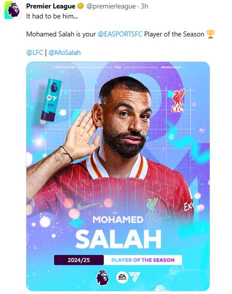 살라흐의 올해의 선수 수상 소식을 전한 프리미어리그.