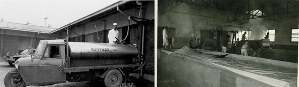 서울장수 1970년대 초반 양조운반차량 및 양조실 [서울장수 제공]