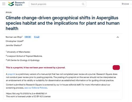 아스페르길루스 균류의 지리적 이동 예상 논문 초안 (서울=연합뉴스) 2025년 5월 2일(현지시간) 영국 맨체스터대 소속 노르만 판레인, 리버풀 열대의학대학원 소속 크리스토퍼 유젤, 영국 생태수문학센터(UKCEH) 소속 제니퍼 셸턴 등 박사후 연구원 3명이 인터넷에 공개한 아스페르길루스 균류의 지리적 이동 예상 논문 초안. [리서치스퀘어 공개 프리프린트 캡처. DB 및 재판매 금지] 2025.5.25.