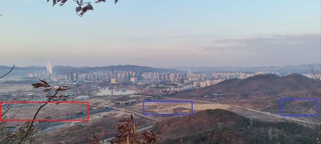 사진 속 빨간색 지점이 국회 세종의사당 예정지, 파란색 지점이 대통령 세종 집무실 후보지. 사진=이희택 기자.