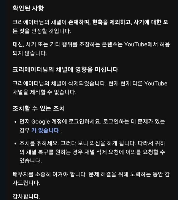 구자환 감독이 유튜브 고객센터 쪽에서 받은 이메일 내용 일부. /구자환 감독