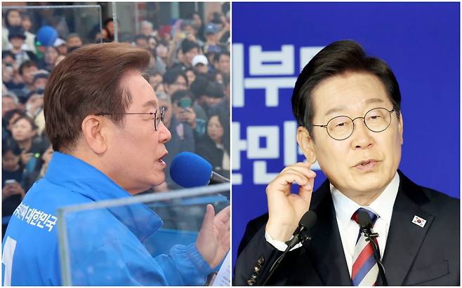 왼쪽 사진은 이재명 더불어민주당 대선 후보가 24일 경기 시흥시 배곧아브뉴프랑센트럴광장에서 유세하고 있는 모습. 오른쪽 사진은 이튿날인 25일 이 후보가 서울 여의도 민주당사에서 기자회견을 하고 있는 모습./뉴시스·남강호 기자