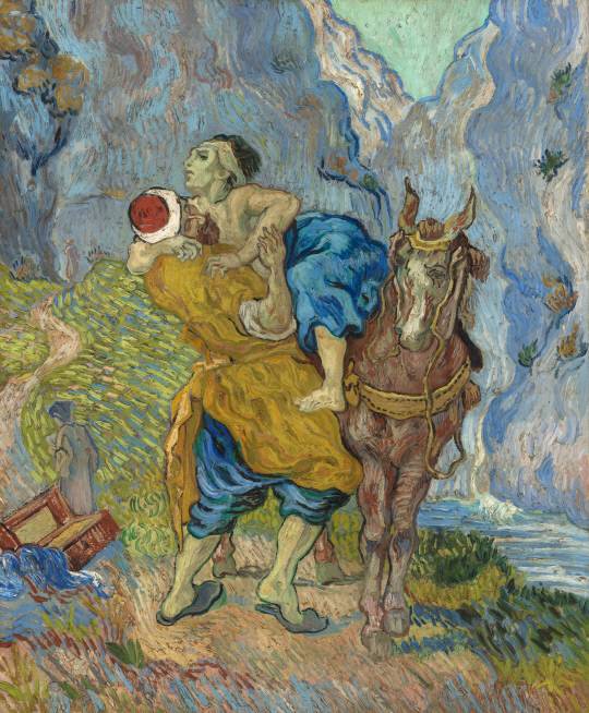 착한 사마리아인(The Good Samaritan) 73x60㎝, 1890 5, 짧고 구불거리는 선들이 인물과 풍경에 양감을 부여하며, 마치 음악처럼 리듬을 타고 화면을 채운다. 크뢸러 뮐러 미술관(Kroller-Muller Museum) 제공