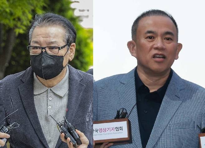 \'건진법사\' 전성배씨(왼쪽)와 윤석열 부부 공천 개입 의혹 핵심 인물인 명태균씨. 공동취재사진(왼쪽)·김혜윤 기자 unique@hani.co.kr
