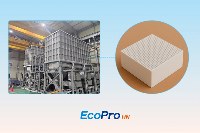 에코프로에이치엔이 개발한 3세대 촉매인 허니컴 촉매를 적용한 PFC 감축 시스템과 벌집 모양의 허니컴 촉매를 확대한 모습. 에코프로그룹 제공