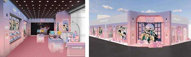 CJ제일제당이 세븐틴 데뷔 10주년 생일파티를 콘셉트로 마련한 '비비고 호텔' 팝업 스토어 모습. 올리브영 명동역점(왼쪽)과 트렌드팟 바이 올리브영 홍대(오른쪽). [사진=CJ제일제당 제공]