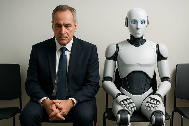 인간과 AI 탑재  로봇이 일자리를 놓고 면접을 보는 상황을 챗GPT로 구현한  이미지.