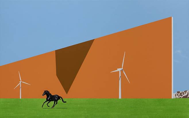 A black horse running under an orange wall, 2025, Oil on Canvas, 72.7 x 116.8cm *재판매 및 DB 금지