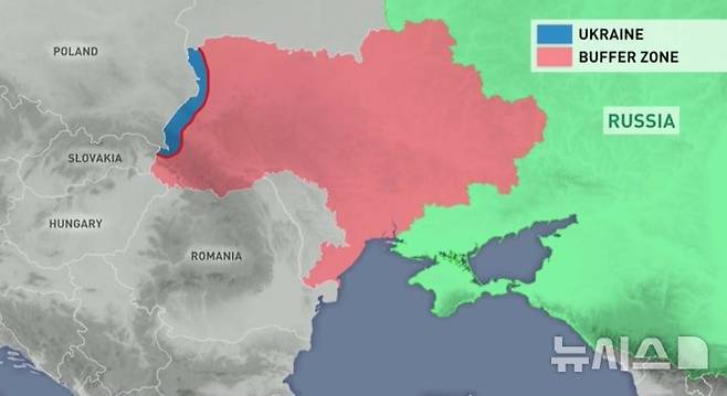 [서울=뉴시스] 드미트리 메드베데프 러시아 국가안보회의 부의장이 25일(현지 시간) 우크라이나 전역 점령을 언급하며 서방의 군사지원 중단을 촉구했다. 사진은 서쪽 끝 폴란드 접경지역 일부를 제외한 우크라이나 전역을 '완충지대'로 나타낸 지도. 2025.05.25.