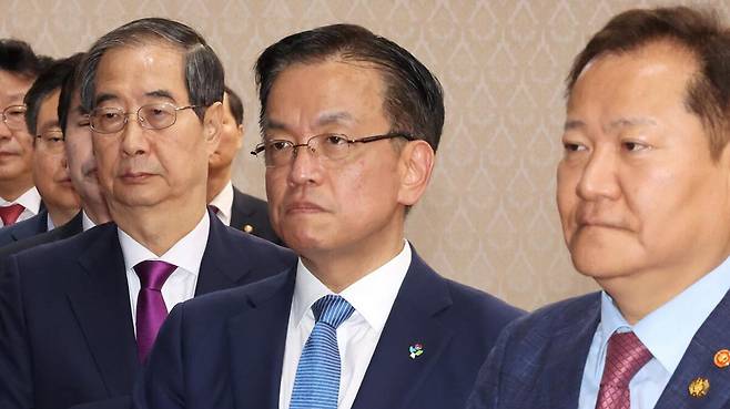 한덕수 전 국무총리(왼쪽부터)와 최상목 전 경제부총리, 이상민 전 행정안전부 장관. 연합뉴스