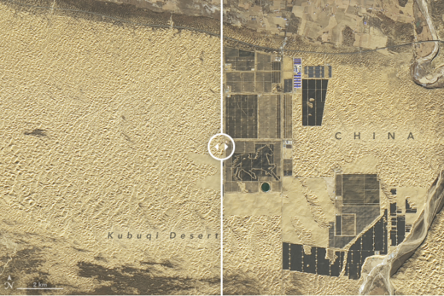 중국이 내몽골 쿠부치 사막에 총 100GW 규모로 짓고 있는 ‘태양광 만리장성’의 모습. 2017년(왼쪽)만 해도 황량했던 사막이 지난해12월(오른쪽) 현재 방대한 규모의 태양광 패널로 덮여 있다. 출처: 미국 나사 지구관측소