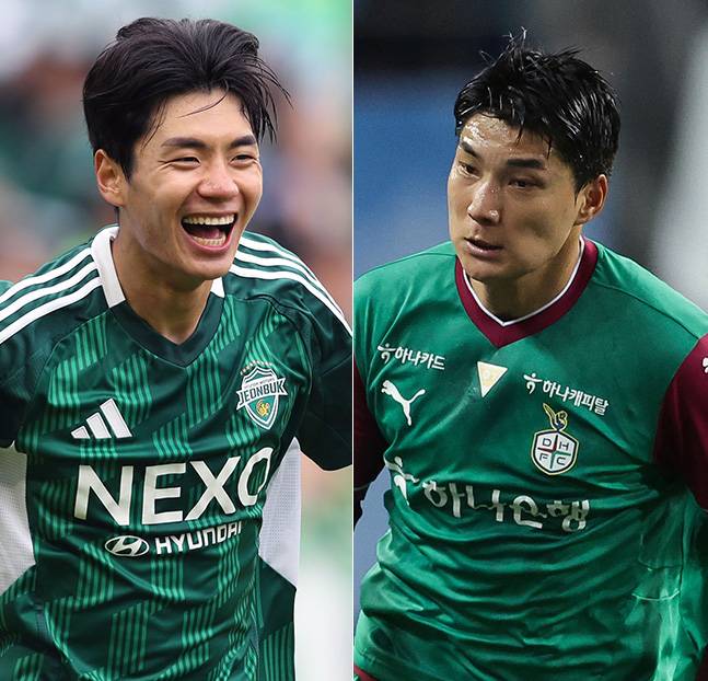 전북 현대 전진우(왼쪽)와 대전하나시티즌 주민규. /사진=한국프로축구연맹 제공
