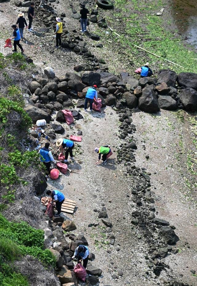제30회 바다의 날을 나흘 앞둔 27일 창원시 마산합포구 브라운핸즈 카페 인근 해안가에서 마산YMCA, 경남연구원, 마산창원진해환경운동연합 등 자원봉사자들이 해안 정화활동을 하고 있다./성승건 기자/