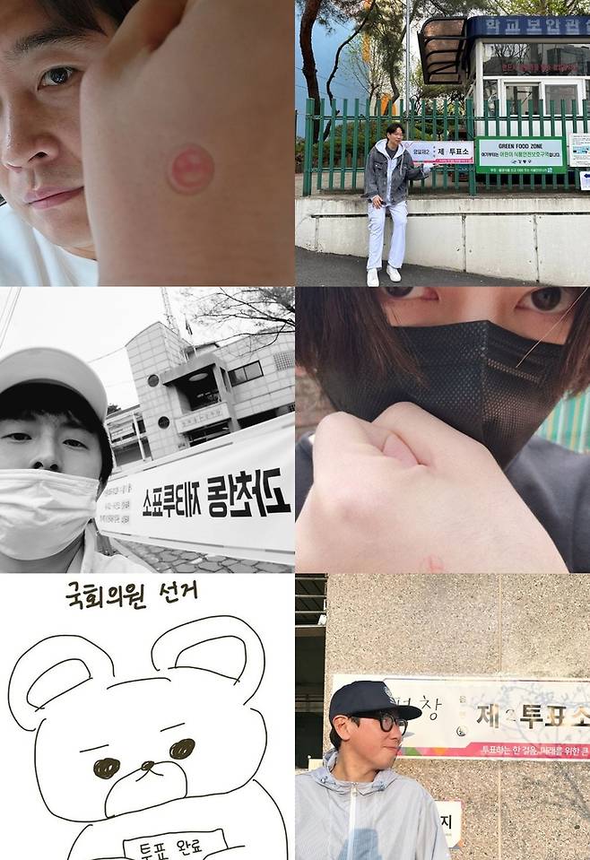 이동국, 장성규, 기안84, 김희철, 뉴진스, 윤종신 투표 인증샷(왼쪽 위부터). 사진 | 개인 채널