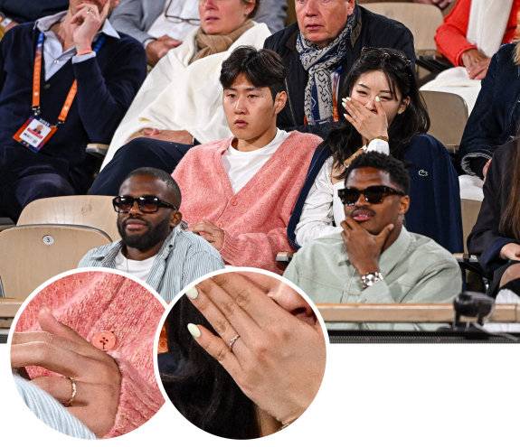 다음날인 26일 롤랑가로스 대회에서 포착된 이강인과 박상효 씨. 두 사람은 왼손 약지에 커플링으로 보이는 반지를 끼고 있다.&nbsp;/게티이미지