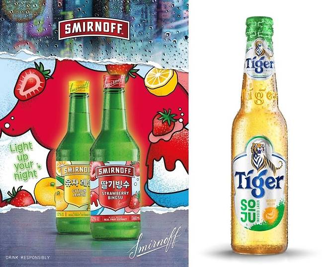 스미노프와 타이거맥주에서 각각 동남아 시장에 출시한 유사 소주 제품들.