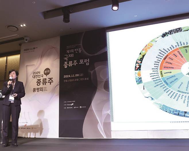 2024년 11월 9일 경북 안동 스탠포드호텔에서 진행된 제1회 안동국제증류주포럼에서 이승주 세종대 외식경영학과 교수가 증류식 소주의 아로마 휠에 대해 설명하고 있다. /사진 조선비즈