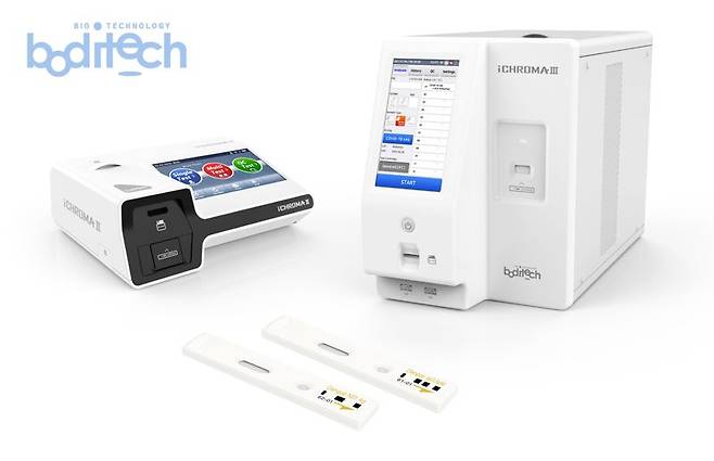 항원 진단키트 ‘ichroma Dengue NS1 Ag’와 항체 진단키트 ‘ichroma Dengue IgG/IgM’ 제품과 진단검사 장비. 바디텍메드 제공