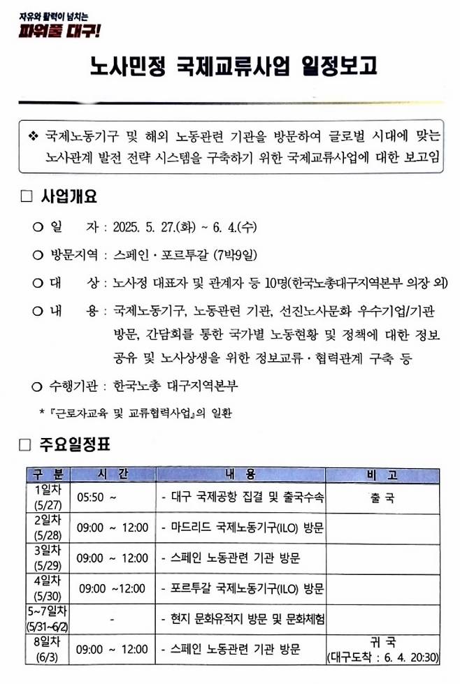 올해 대구 노동계 및 경영계 대표단의 국제교류사업 요약 보고서 일부. 대구시 제공