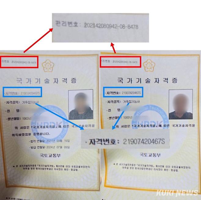 위조된 국가기술자격증인 거푸집기능사 자격증 모습. 두개의 자격증이 관리번호와 자격번호가 동일한 것을 확인할 수 있다. 독자제공