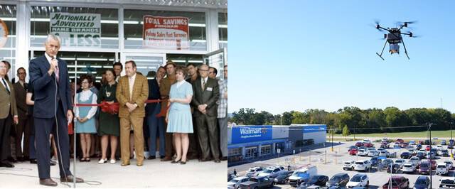 샘 월튼 월마트 창업자가 1962년 월마트 1호점인 미국 아칸소주 로저스점 개점 행사에서 연설하고 있다. 오른쪽은 월마트가 드론으로 상품을 배달하는 장면. 월마트 홈페이지