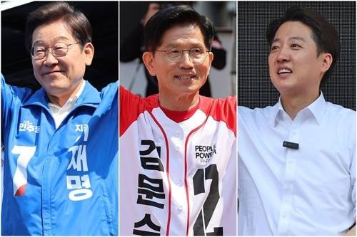 지난 25일 당진에서 유세 나선 이재명 더불어민주당 대선 후보(왼쪽부터), 보령에서 집중유세하는 김문수 국민의힘 대선 후보, 종묘 인근 서순라길에서 거리유세하는 이준석 개혁신당 대선 후보. [사진 출처 = 연합뉴스]