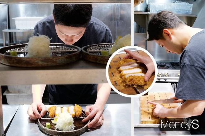 돈가스·우동 맛집으로 유명한 오제제가 6월1일 창업 5주년을 맞는다. 김지훈 오제제 대표가 음식을 손질하고 있다. /사진=오제제(디자인 김은옥 기자)