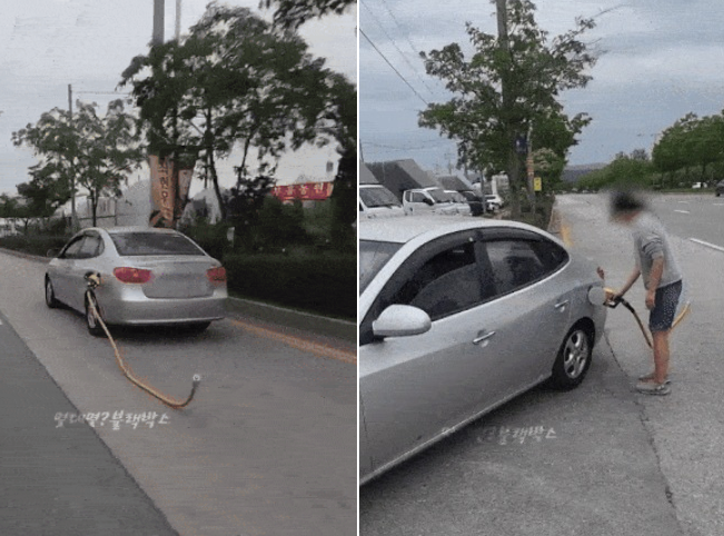 주유건을 꽂은 채 달리는 아반떼 차량의 뒷모습(왼쪽)과 뒤늦게 알아차린 운전자가 갓길에 세운 차량에서 주유건을 빼고 있는 모습이다. [보배드림 갈무리]