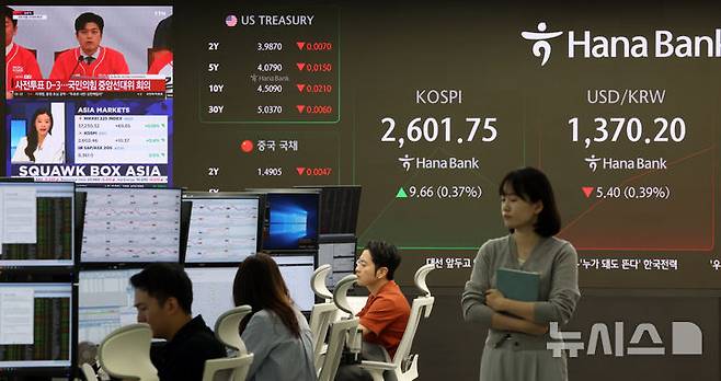 [서울=뉴시스] 김금보 기자 = 코스피가 장 초반 2600선을 넘어선 26일 오전 서울 중구 하나은행 딜링룸에서 딜러들이 업무를 하고 있다.2025.05.26. kgb@newsis.com