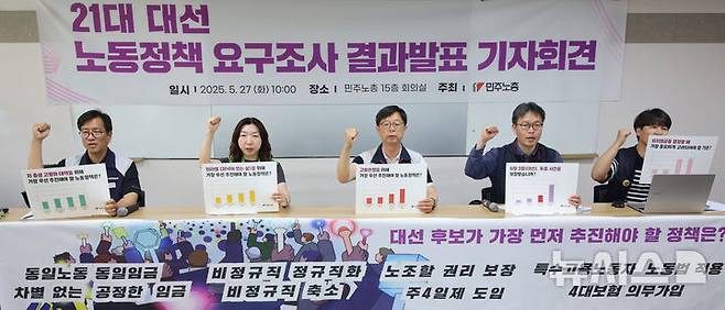 [서울=뉴시스] 김금보 기자 = 이양수 전국민주노동조합총연맹 부위원장 등 조합원들이 27일 오전 서울 중구 전국민주노동조합총연맹에서 제21대 대통령 선거 노동정책 요구조사 결과발표 기자회견을 열고 구호를 외치고 있다. 2025.05.27. kgb@newsis.com