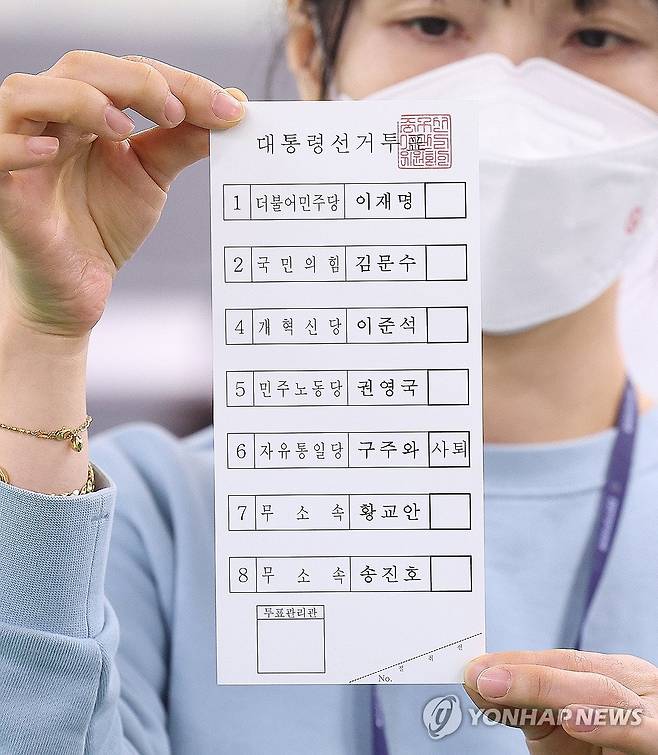 인쇄된 대선 투표용지 (대구=연합뉴스) 윤관식 기자 = 지난 25일 대구 달서구 한 인쇄공장에서 대구시선관위 관계자가 인쇄된 제21대 대통령선거 투표지를 들어 보이고 있다. 2025.5.27 psik@yna.co.kr