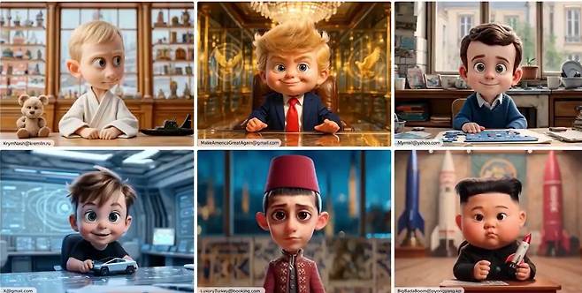 푸틴의 입이라고 불리며, 정보 왜곡과 선전 선동으로 악명 높은 러시아의 앵커 솔로비요프가 유아 세뇌용으로 제작한 애니메이션 프로그램의 첫 회에 등장하는 아기 지도자들 캐릭터./텔레그램 스크린샷